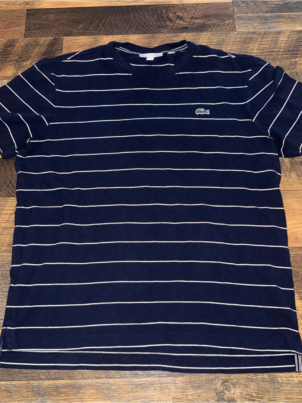 Lacoste Men's Navy and White Thin-Striped Crewneck Tee